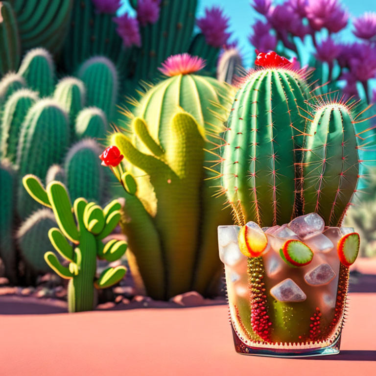 Iced Lime Drink Among Cacti and Clear Sky