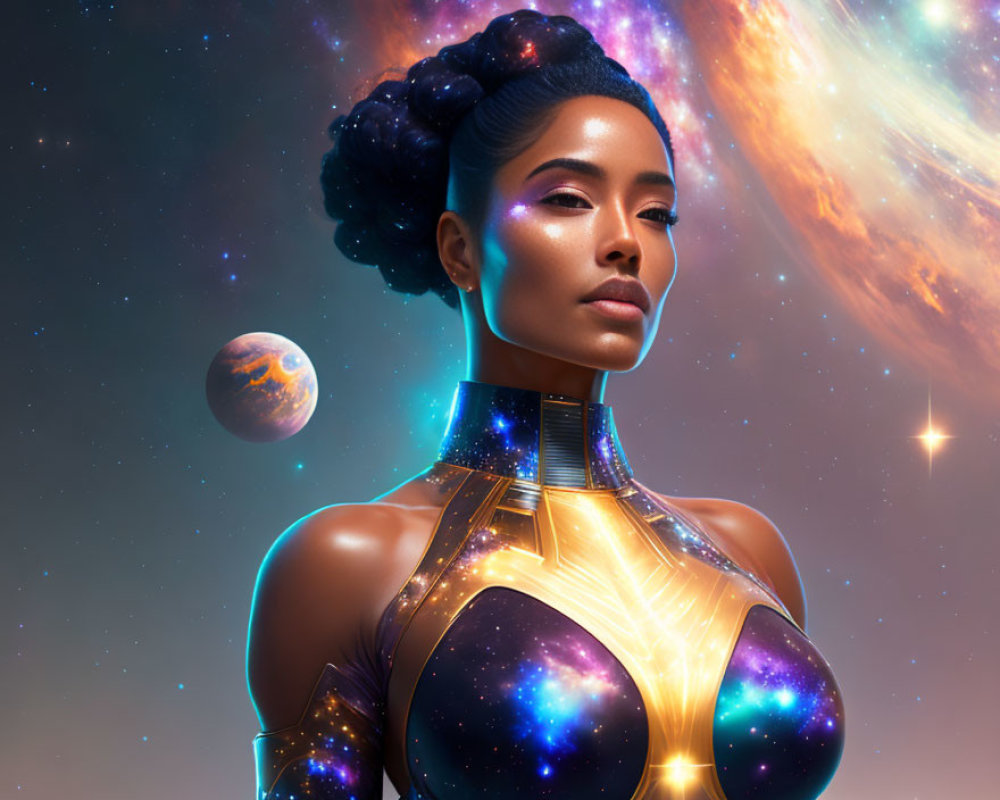 Futuristic cosmic-themed woman against galactic backdrop