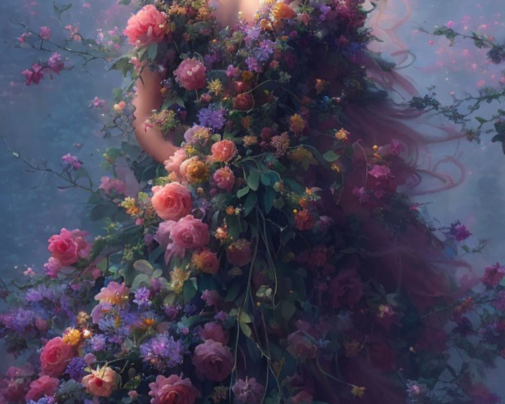 Woman in floral dress in mystical forest.