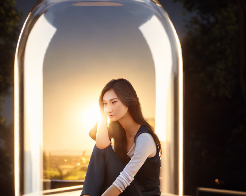 Woman sitting in giant glass jar at sunset on wooden deck