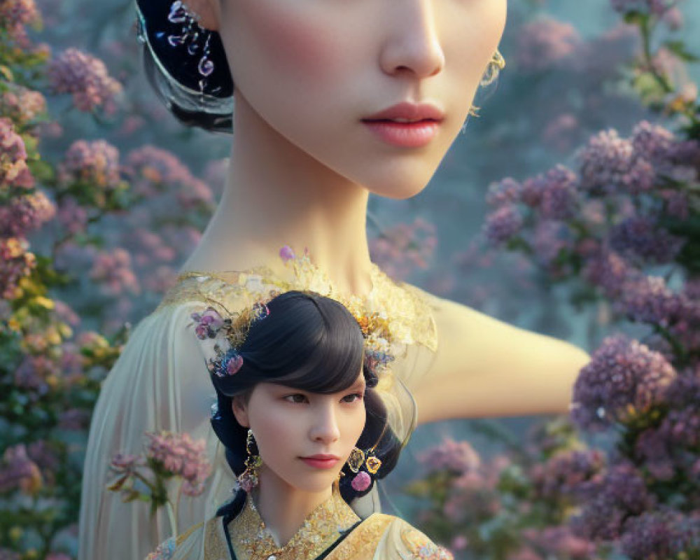 Digital Artwork: Elegant Woman with Black Hair, Gold Jewelry, Yellow Blouse, Pink Flower Back