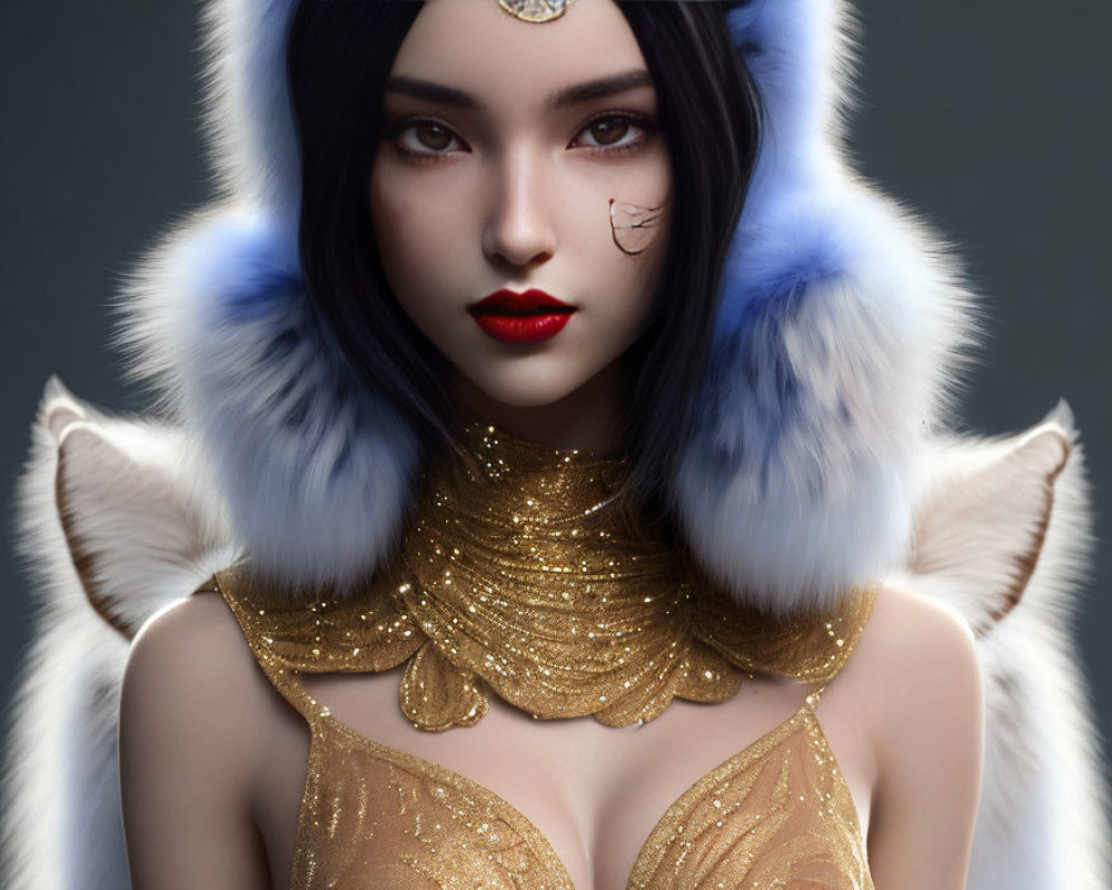 Digital artwork of woman with wolf-like ears, fur-trimmed attire, striking makeup, and golden