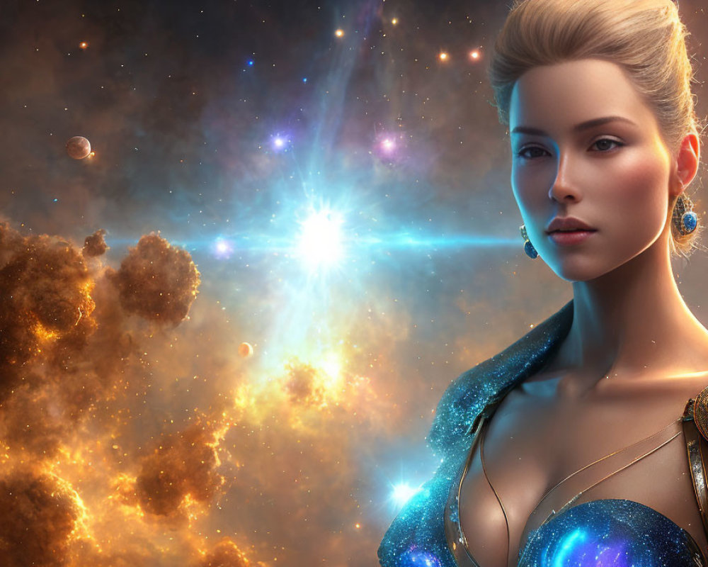 Digital portrait of woman with cosmic features in vibrant starry space backdrop
