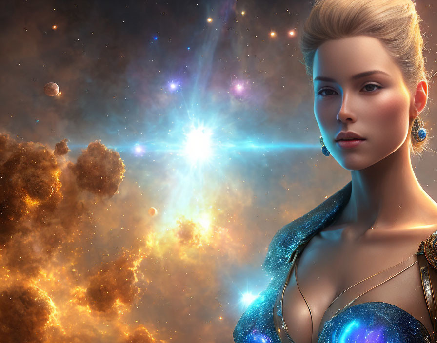 Digital portrait of woman with cosmic features in vibrant starry space backdrop