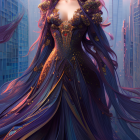 Detailed illustration: Woman with long purple hair in floral gown in misty forest