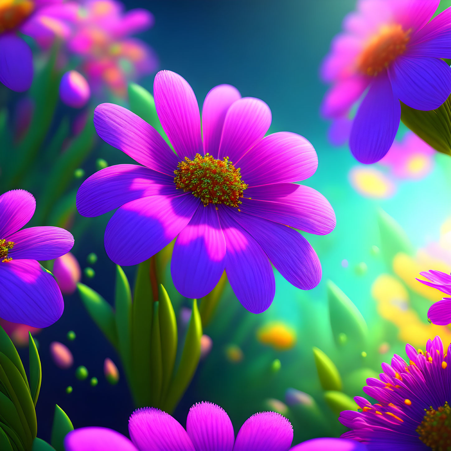 Vibrant purple flowers with central focus in soft glowing light