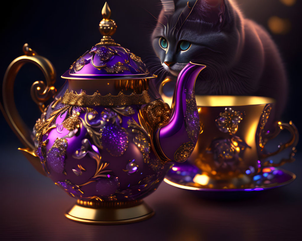 Purple and Gold Teapot and Cup Set with Grey Cat on Dark Background