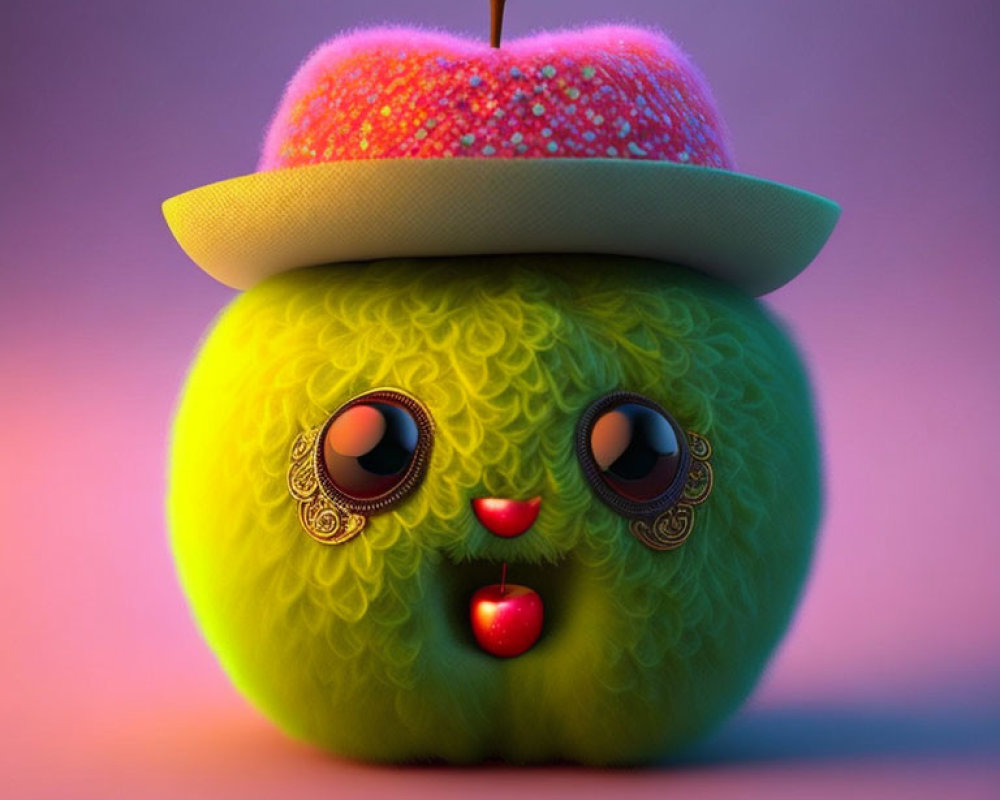 Anthropomorphized fruit with fuzzy green body and peach hat