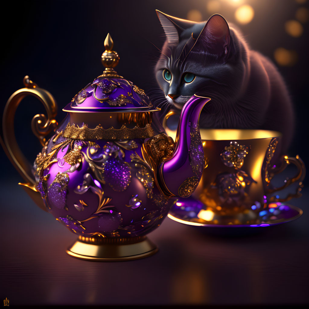 Purple and Gold Teapot and Cup Set with Grey Cat on Dark Background