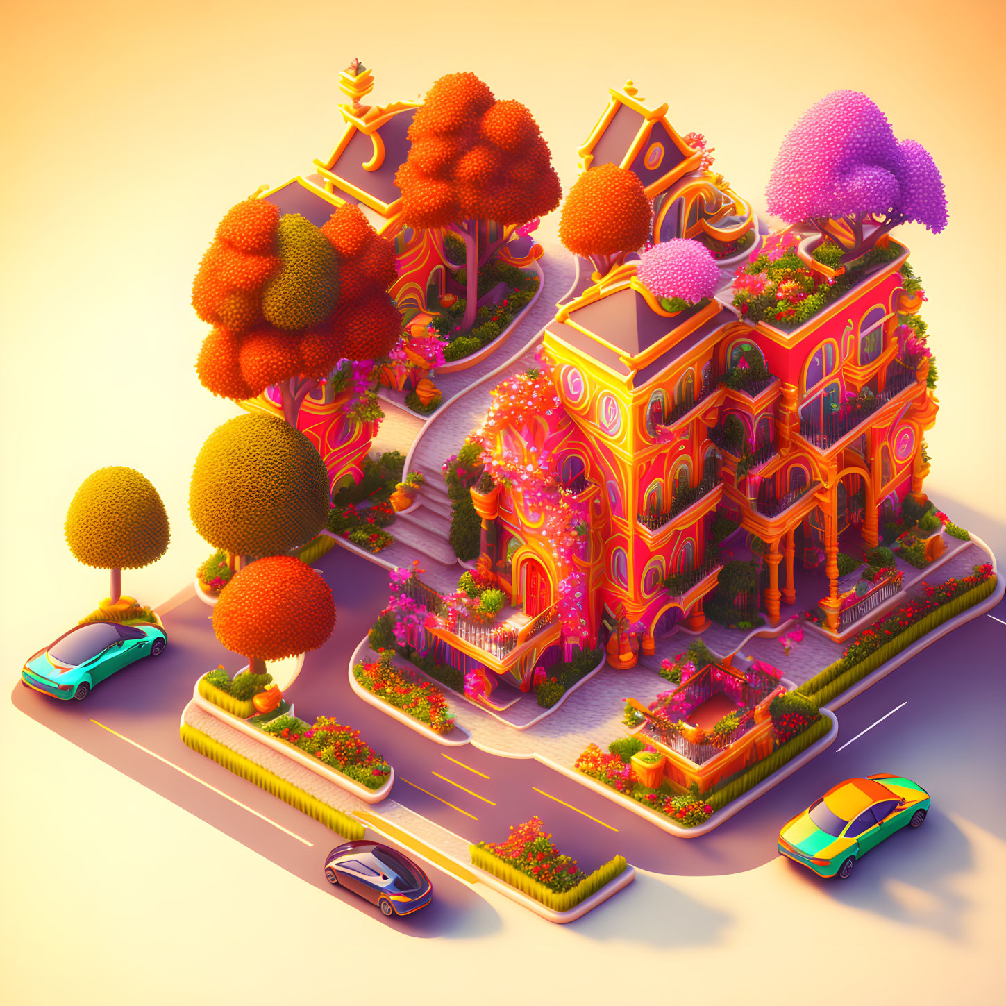 Colorful 3D illustration of whimsical orange building and futuristic cars