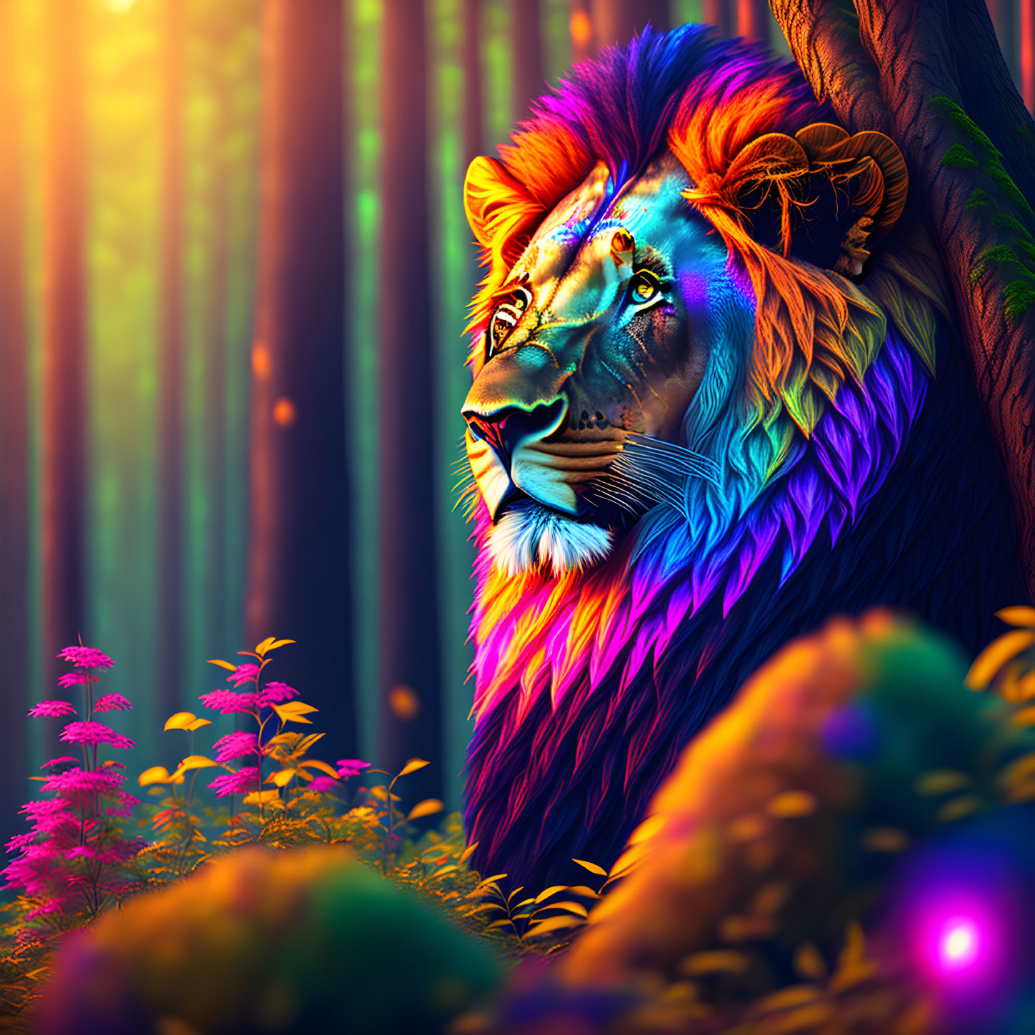 Colorful Lion's Head Emerges in Mystical Forest