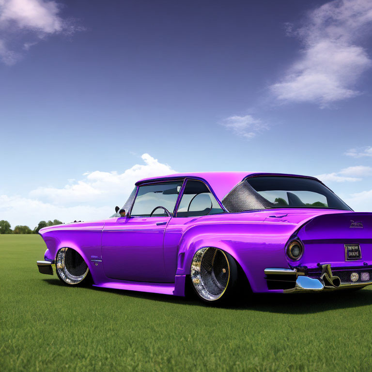 Purple Classic Car with Chrome Wheels Parked in Grass Field