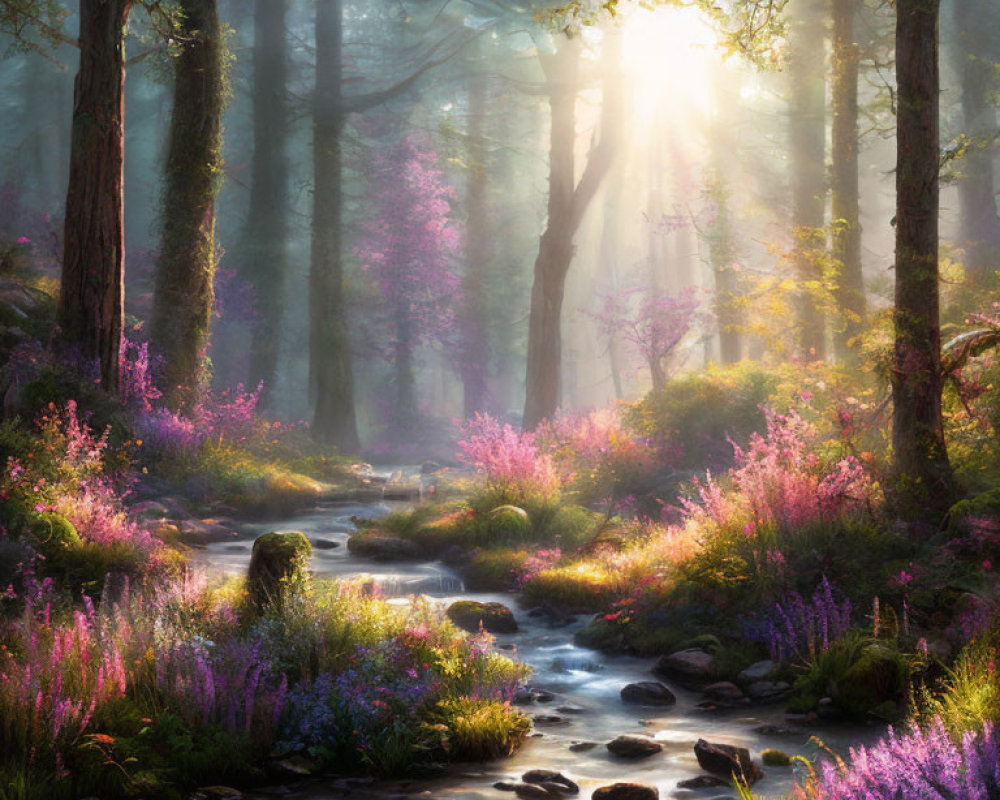Tranquil forest landscape with sunlight, brook, and wildflowers