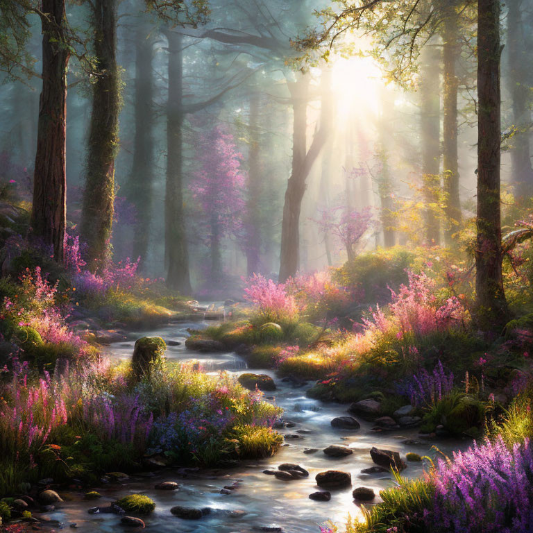 Tranquil forest landscape with sunlight, brook, and wildflowers