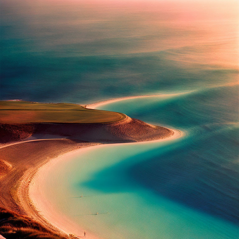 Curved Shoreline with Turquoise Waters and Golden Sands at Sunset