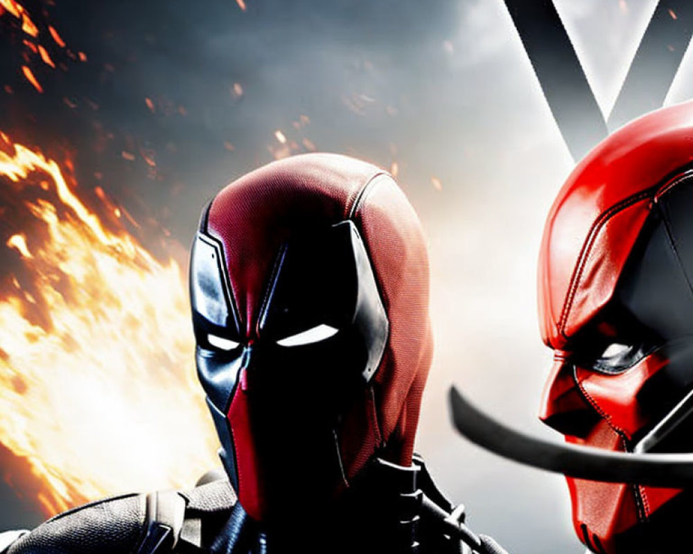 Two masked characters in red and black suits with swords, set against a fiery explosion.