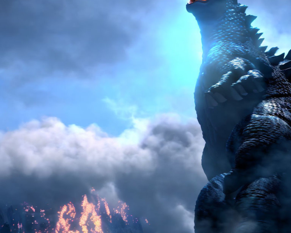 Monstrous Godzilla emitting blue energy in fiery scene
