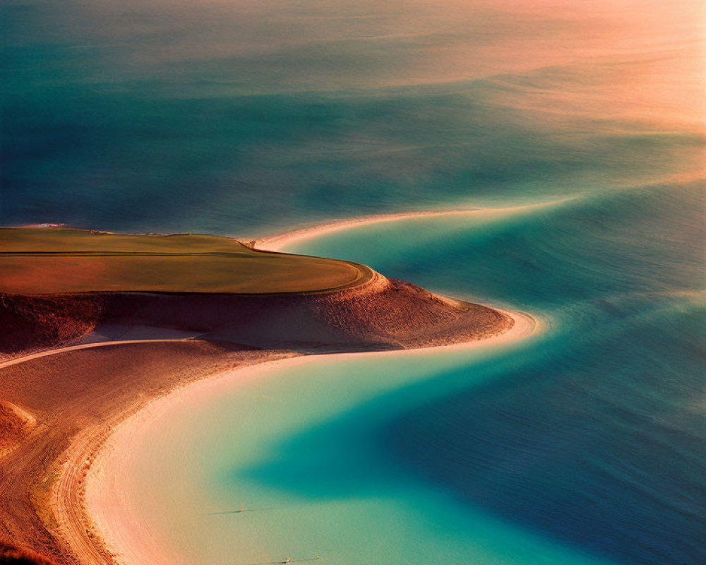 Curved Shoreline with Turquoise Waters and Golden Sands at Sunset
