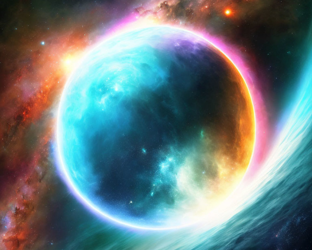Colorful halo surrounds glowing blue planet in celestial scene