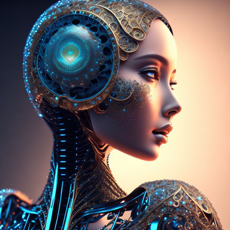 Female robotic figure with gold and blue patterns on warm gradient background