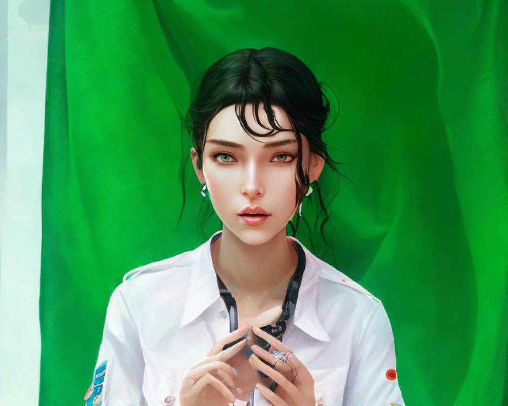 Digital artwork featuring woman with black hair, green eyes, white shirt, badge, watch, silver necklace