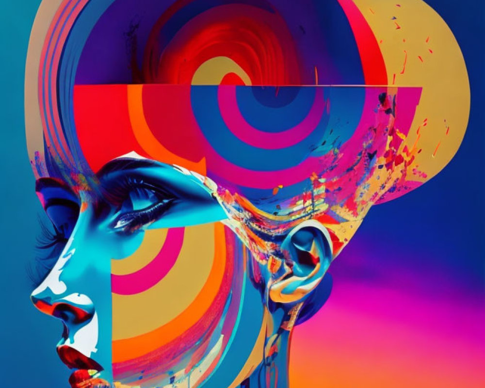 Vibrant digital artwork: human profile with swirling patterns and paint splashes.