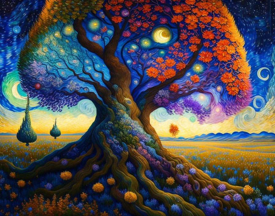 Colorful whimsical tree painting under starry sky and flower field