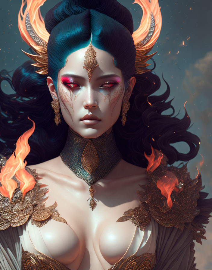 Fantastical portrait of female figure with blue hair and flames.