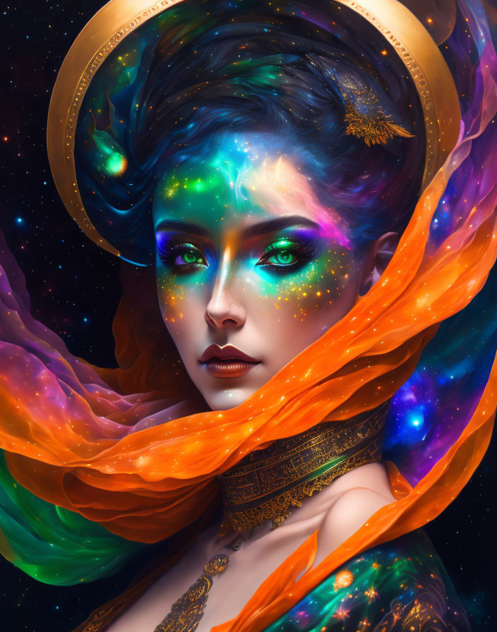 Cosmic-themed mystical woman in vibrant nebula colors