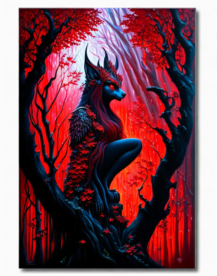 Mystical humanoid deer with antlers in red and black forest