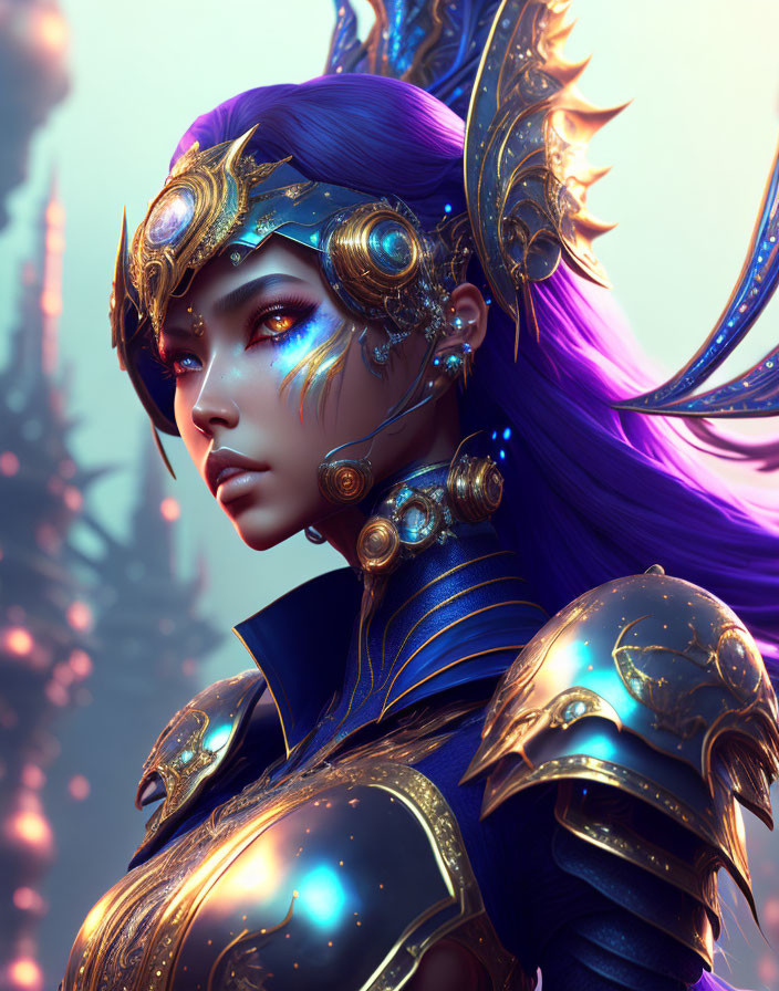 Fantasy female warrior in blue armor with purple hair and glowing eye