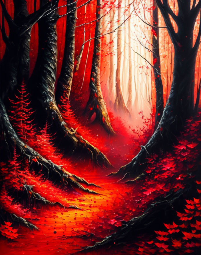 Red-hued forest with misty background and dark tree trunks