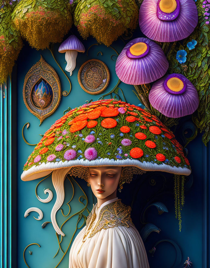 Surreal female figure with mushroom cap and floral adornments on blue background