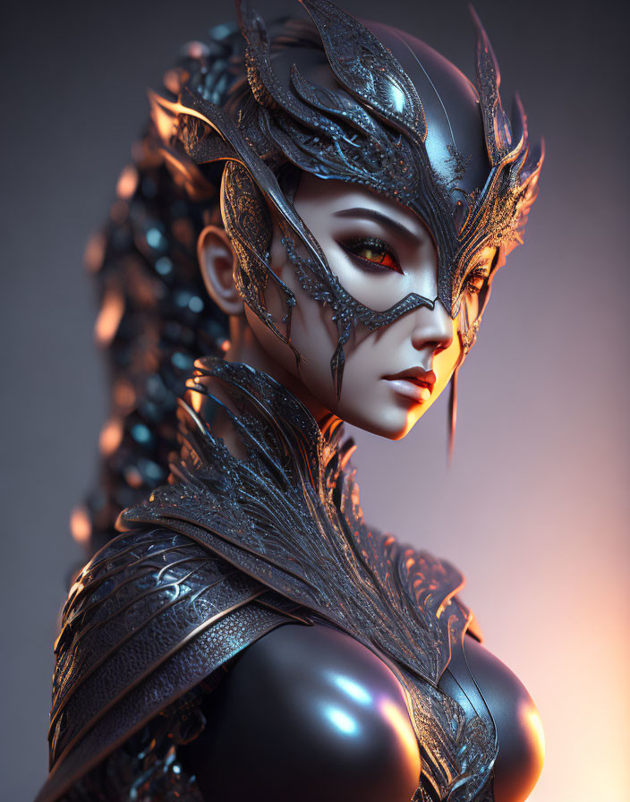Stylized female figure in dark metallic armor with intricate patterns