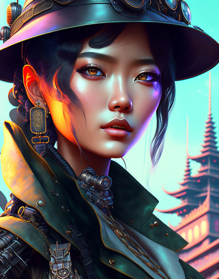 Digital Art Portrait: Woman with Striking Eyes in Steampunk Attire against Oriental Pagoda