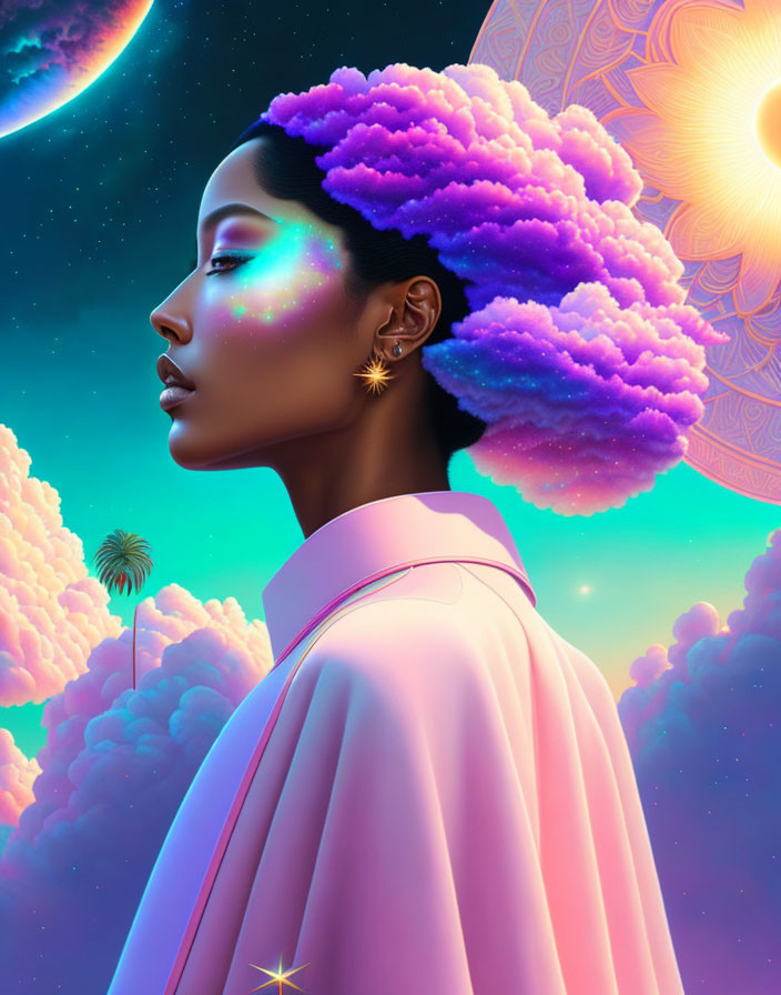 Surreal illustration of woman with purple cloud hair in cosmic setting