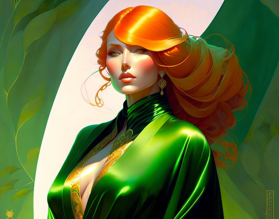 Digital Artwork: Woman with Orange Hair and Green Eyes in Shiny Green Outfit