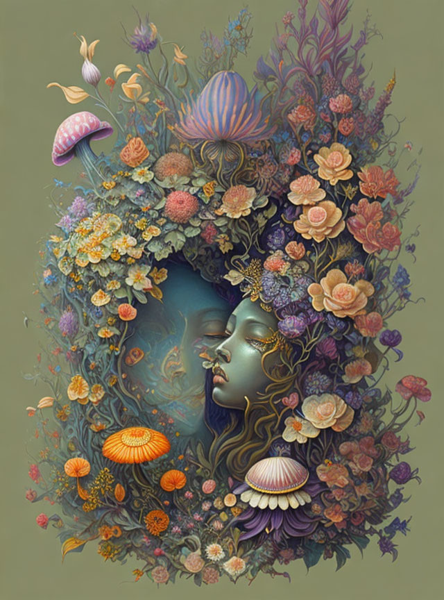 Surreal artwork featuring woman's face, vibrant flowers, foliage, and mushrooms in lush environment