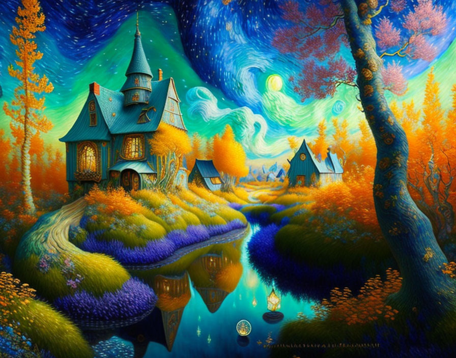 Colorful whimsical landscape with house, trees, river, and starry sky in autumn.
