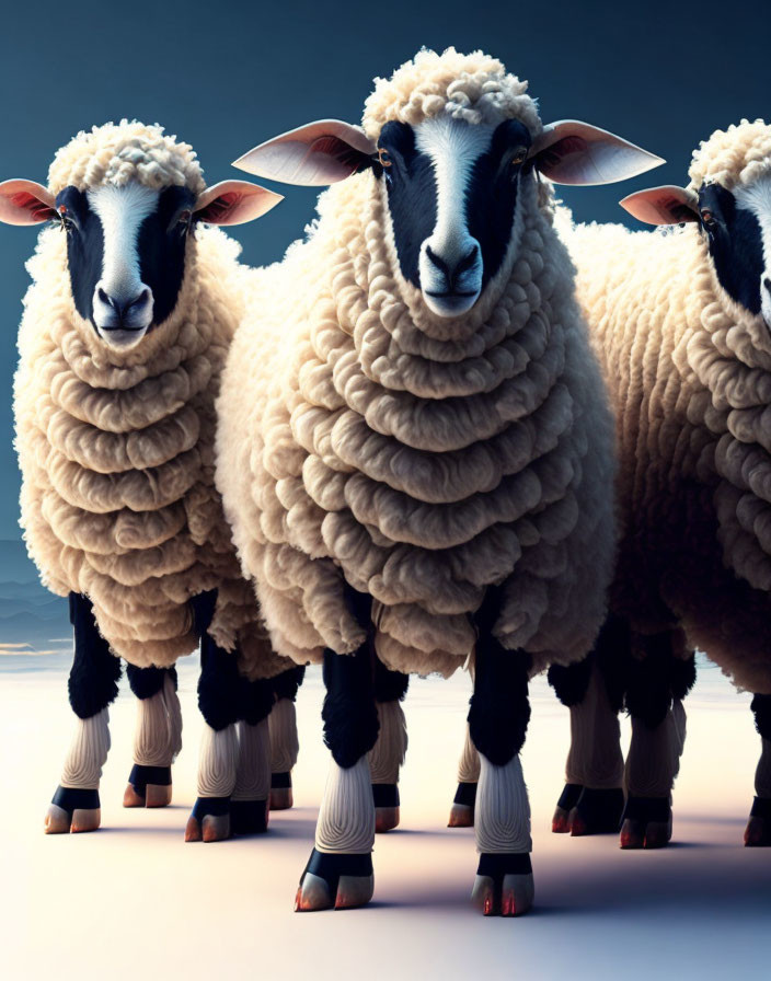 Three Sheep with Prominent Wool on Gradient Blue Background