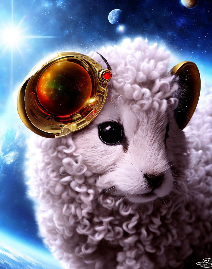 Fluffy white sheep in golden space helmet on cosmic background