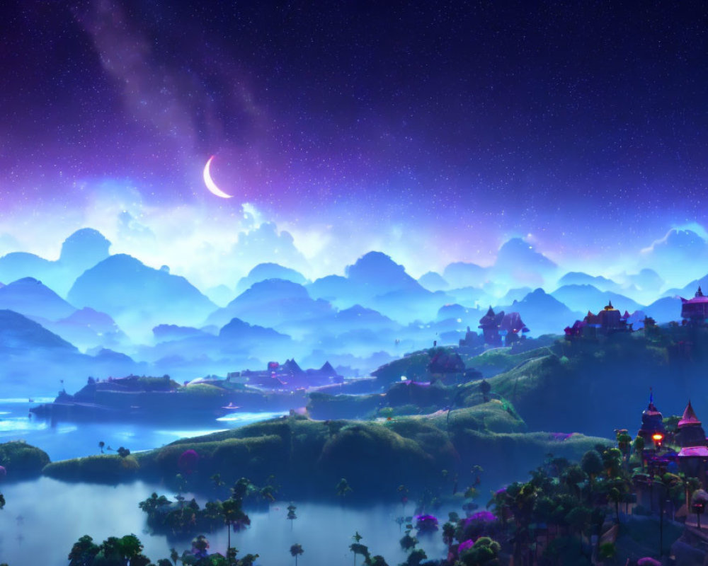 Twilight landscape with crescent moon, stars, galaxy, misty hills, water, and glowing