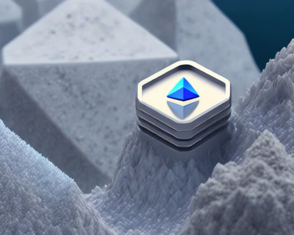 Layered Hexagonal Token with Blue Pyramid Logo on Digital Landscape