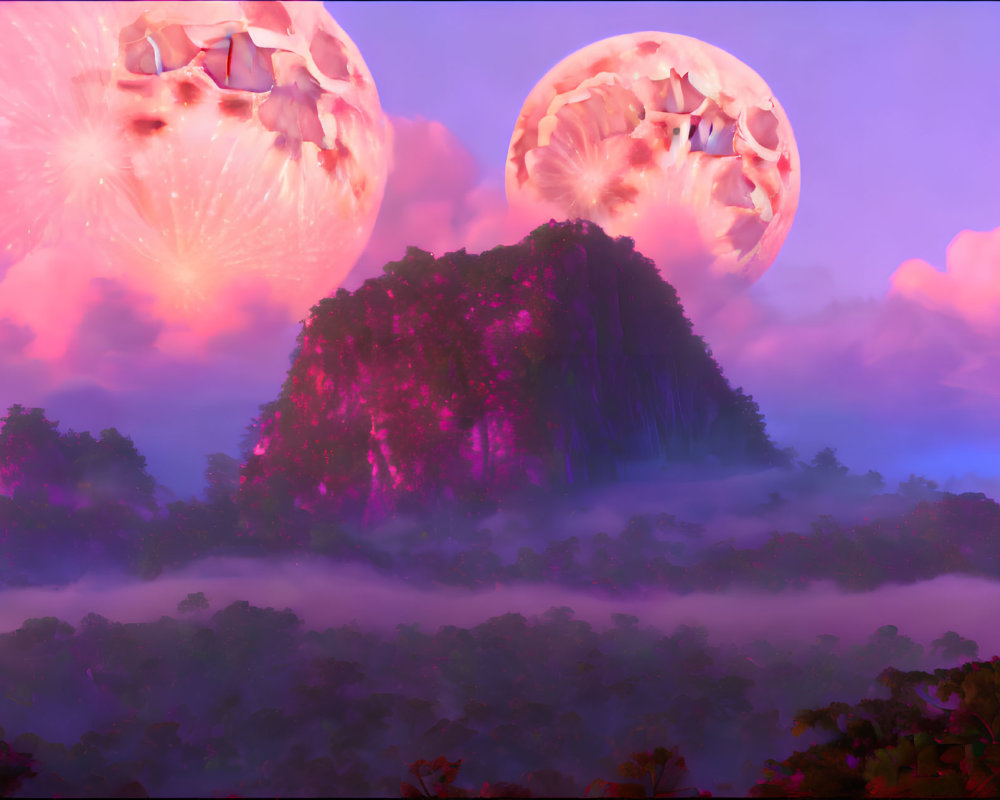 Vibrant landscape with two moons, misty jungle, pink-lit mountain