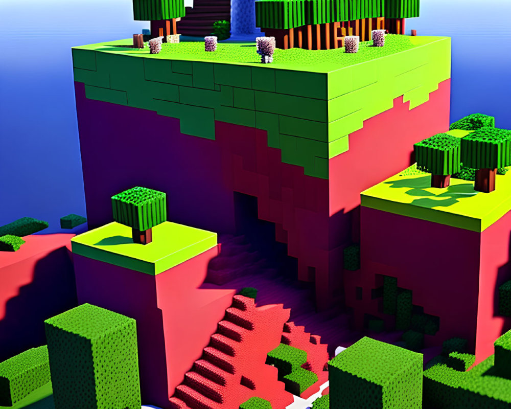 Colorful Voxel Landscape with Cubic Mountain & Waterfalls