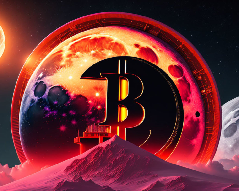 Celestial-themed artwork with Bitcoin symbol in cosmic landscape