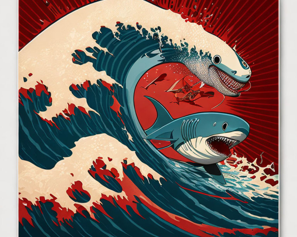 Stylized illustration of two sharks in dynamic red and blue backdrop