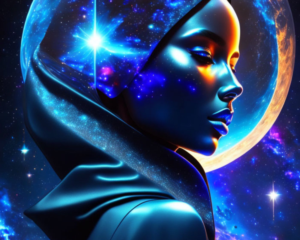 Digital artwork of woman with cosmic hijab & moon background