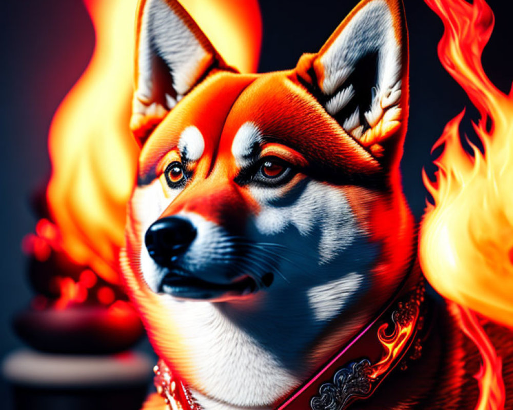 Stylized Shiba Inu Dog Art with Digital Flames on Dark Background