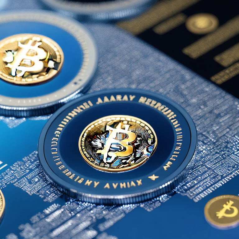 Cryptocurrency-themed physical bitcoin tokens on blue surface